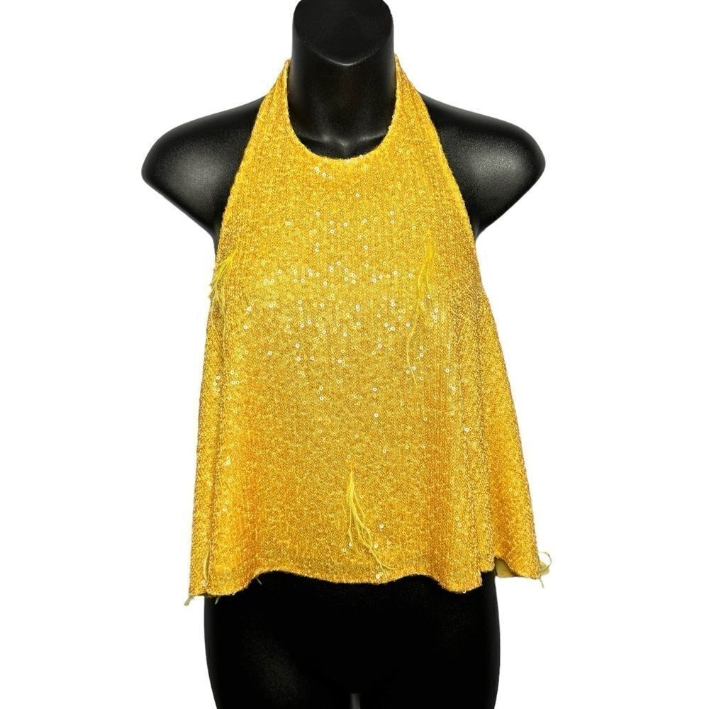 Ronny Kobo Yellow Sequin Feather Embellished Draped Halter Top M New Open Back